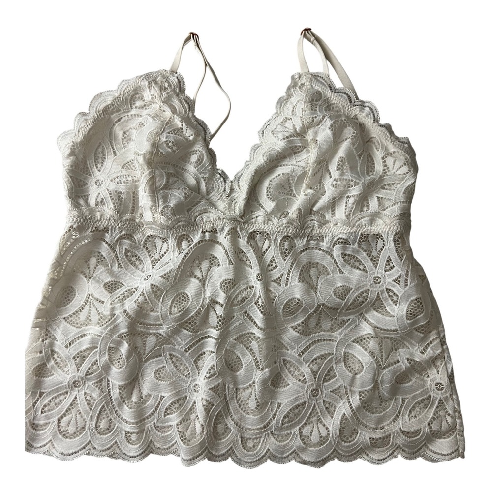 Aerie Lace Bralette Camisole Women Medium White‎ Floral Scalloped Straps